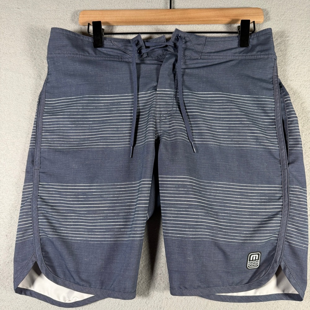 TravisMathew Mens Blue Striped Board Shorts Drawstring Swim Trunks Size 32